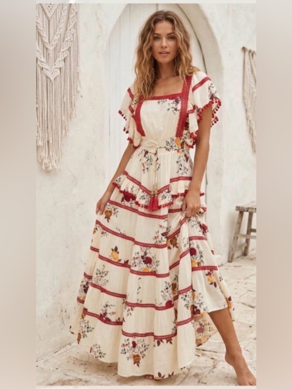 Boho Floral Dusty Blue Maxi Dress with Red Trim NWT *** Handmade and GORGEOUS **
